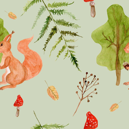 Pale Green Nursery Bedroom Wallpaper Red Squirrel cute Mushrooms Forest Leaves.