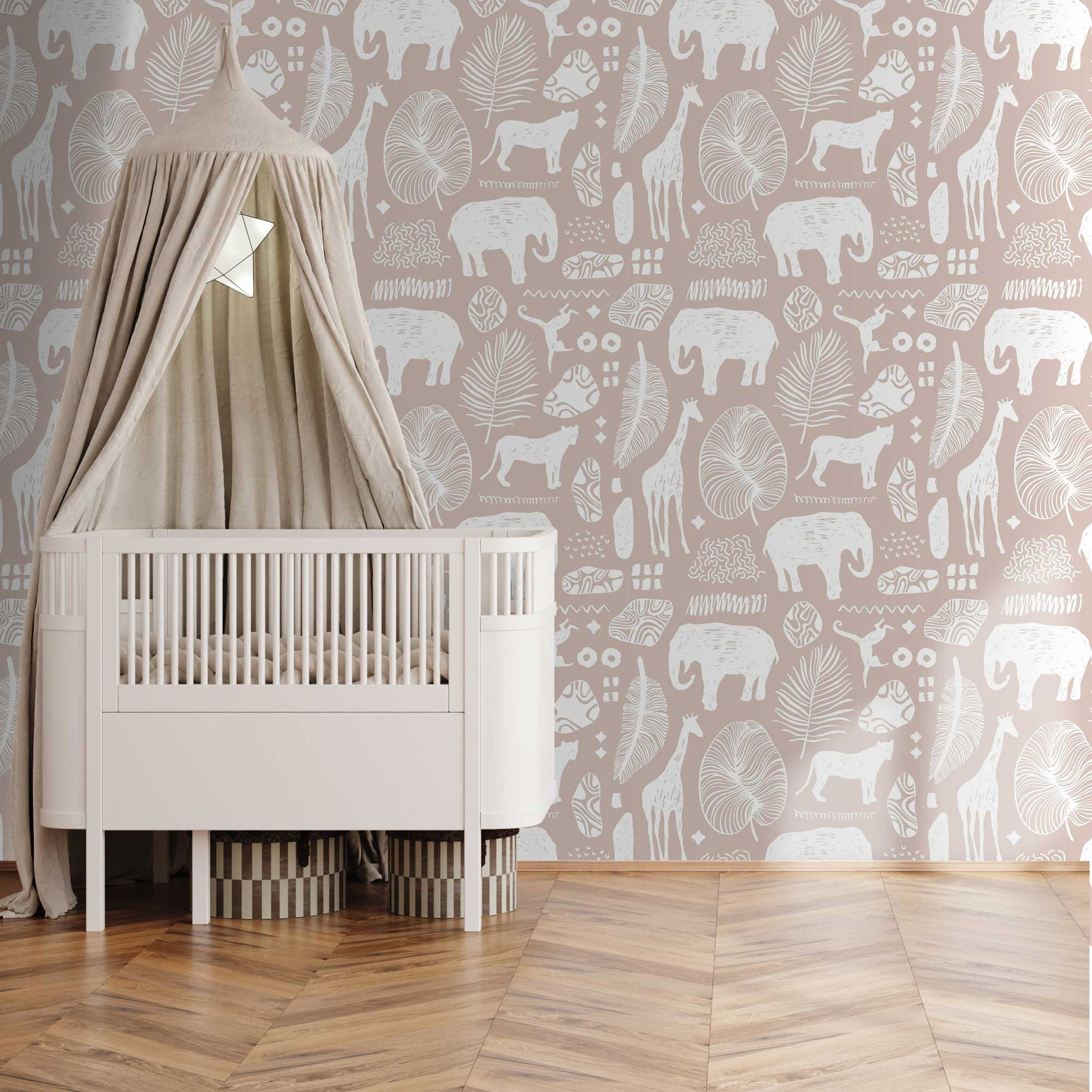 Bedroom idea Safari Jungle Childrens Wallpaper with animals lions elephants giraffes leaves