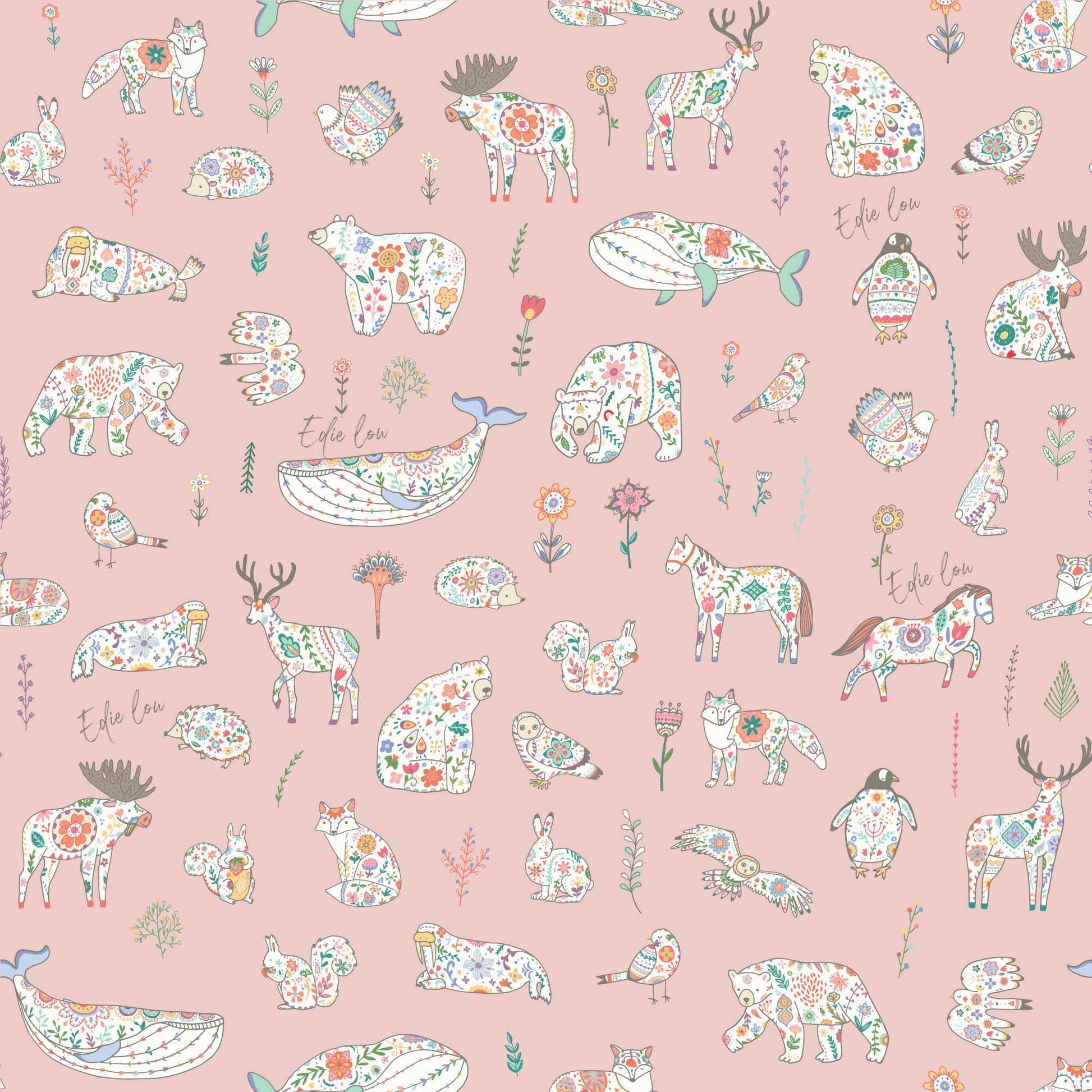 Pink Kids Scandinavian Bedroom wallpaper with animals bears birds rabbits owls 