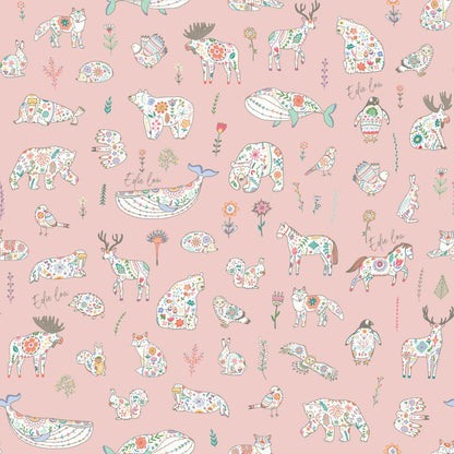 Pink Kids Scandinavian Bedroom wallpaper with animals bears birds rabbits owls 