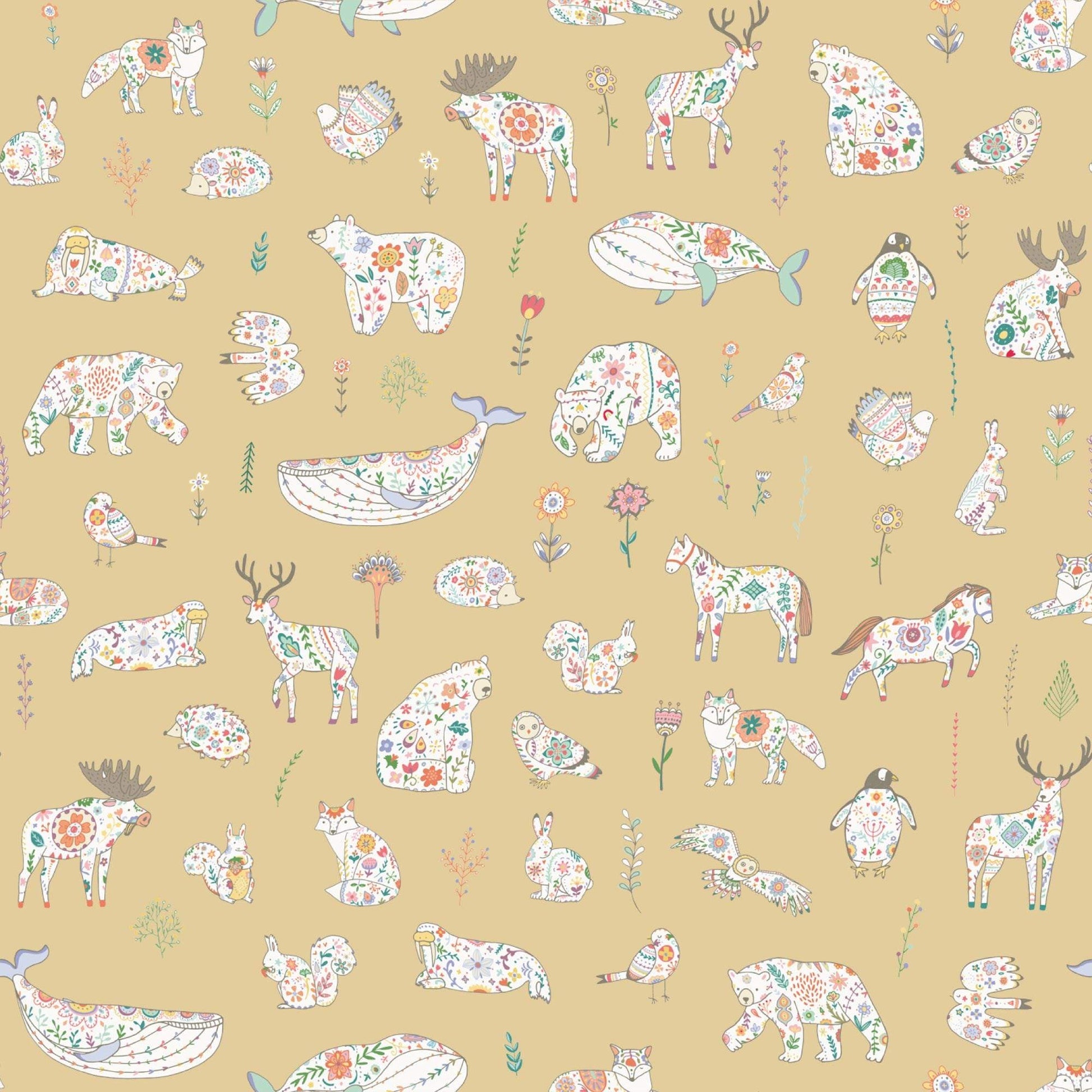 Golden Kids Scandinavian Bedroom wallpaper with animals bears birds rabbits owls 