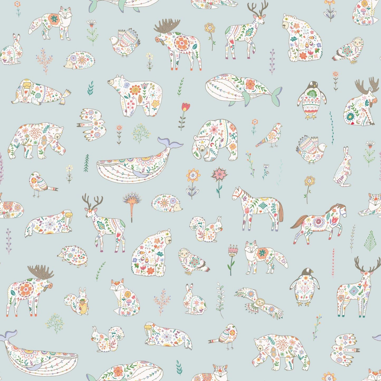 Blue Kids Scandinavian Bedroom wallpaper with animals bears birds rabbits owls 