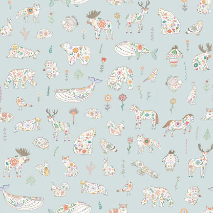 Blue Kids Scandinavian Bedroom wallpaper with animals bears birds rabbits owls 