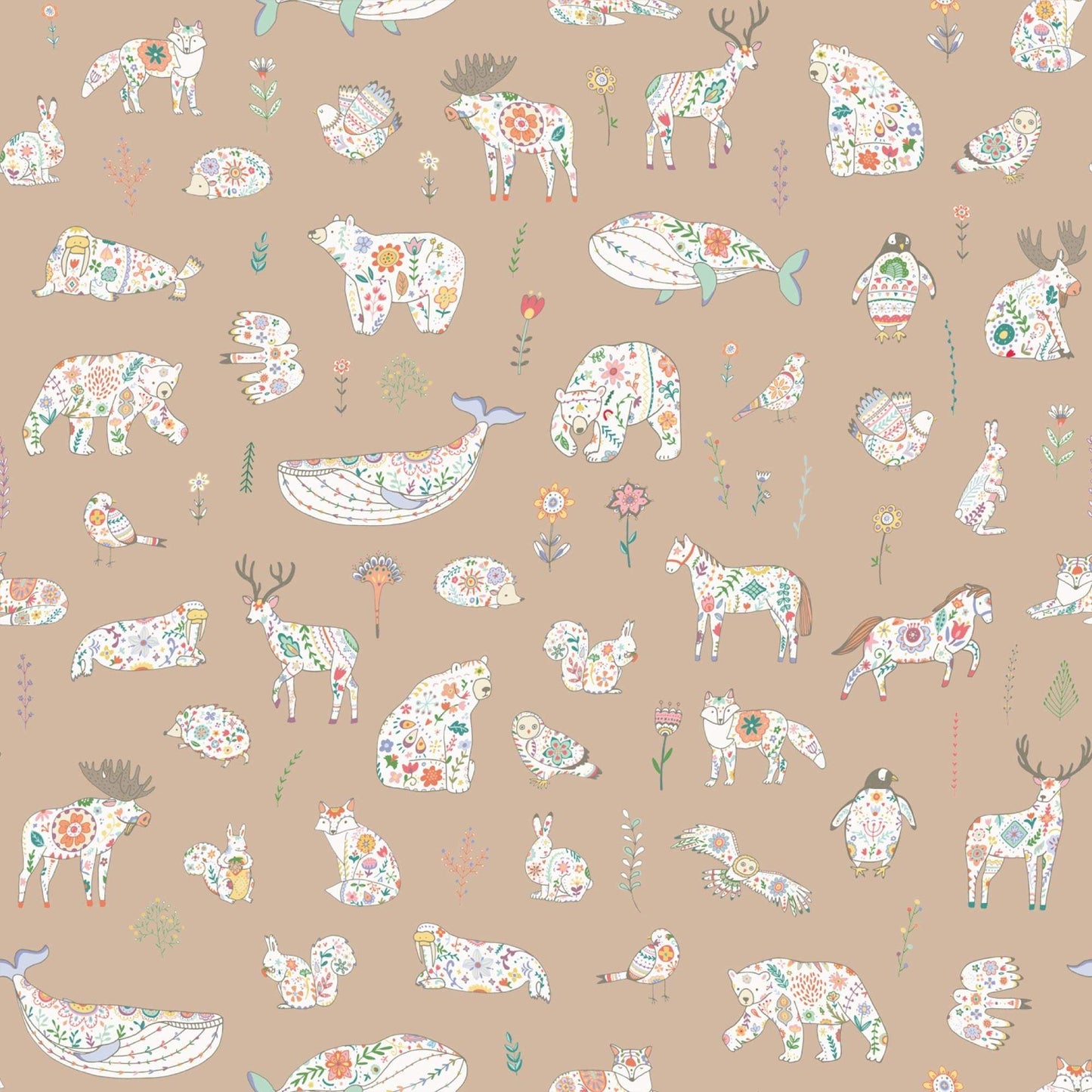 Deep Beige Kids Scandinavian Bedroom wallpaper with animals bears birds rabbits owls 