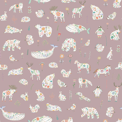 Light Purple Kids Scandinavian Bedroom wallpaper with animals bears birds rabbits owls 