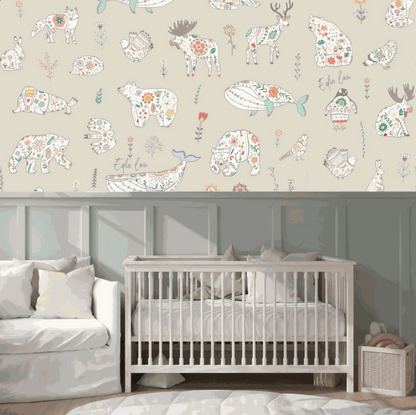 Beige Kids Room design Scandinavian Bedroom wallpaper with animals bears birds rabbits owls 