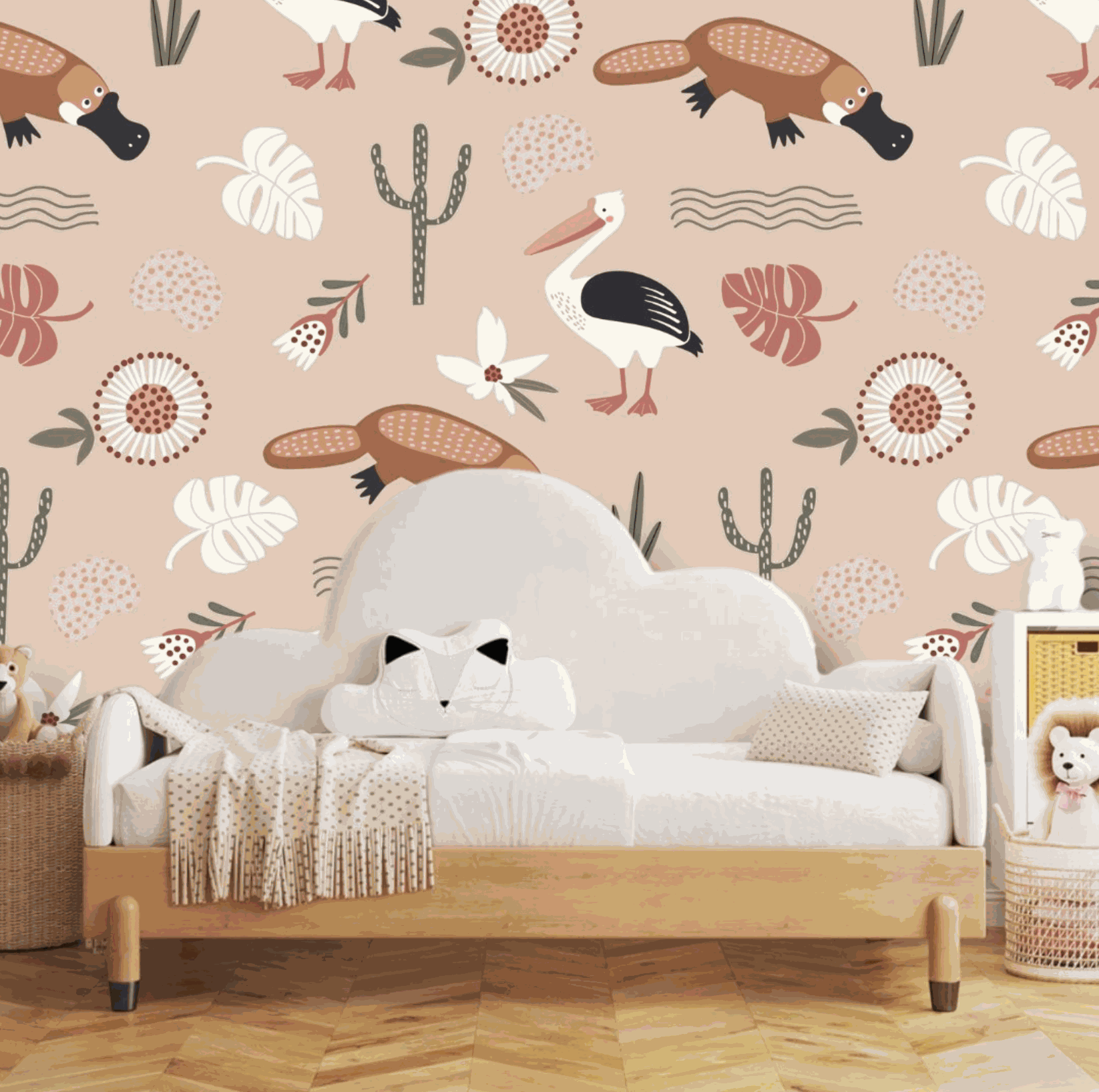 Children's  kids animal wallpaper, kids will love featuring, flamingos, duck-billed platypuses, vibrant leaves, flowers, and cacti bespoked color of pale terracotta 