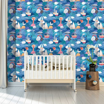 Boys bedroom wallpaper Featured in a Bedroom Sailing Ships Boats Seagulls  Hot Air Balloons