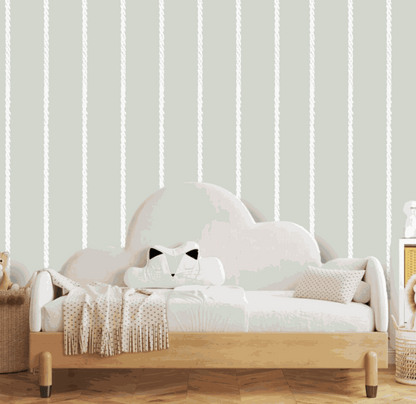 A classic pinstripe wallpaper a uk made design, perfect for all kids childrens babies toddlers bedrooms or play areas in white and pale minty  green 