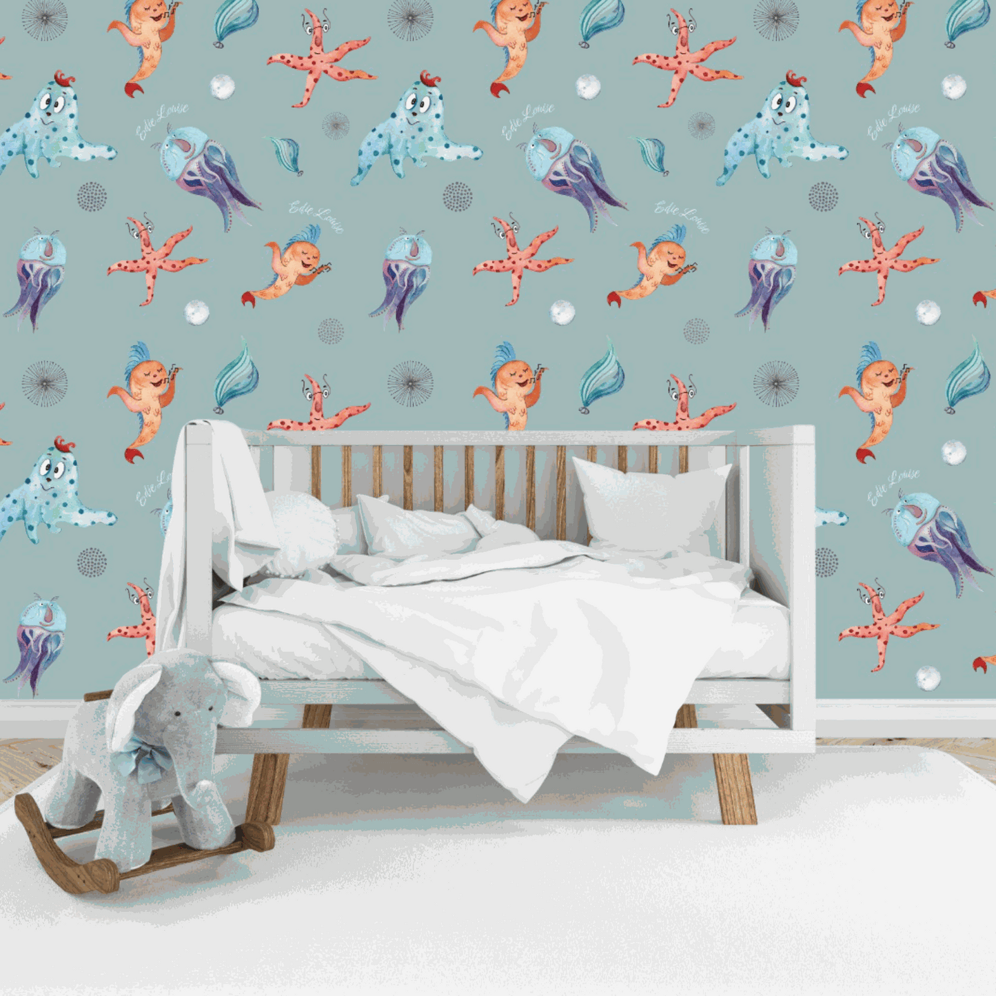 Room Idea Kids Funny Wallpaper - Under the Sea, Funny Fish, Starfish, Jellyfish Sea Creatures, Octopus, Sea Pearls Exciting Wallpaper for Kids Bedrooms Kids Play areas Made UK sea green  grey background colour  