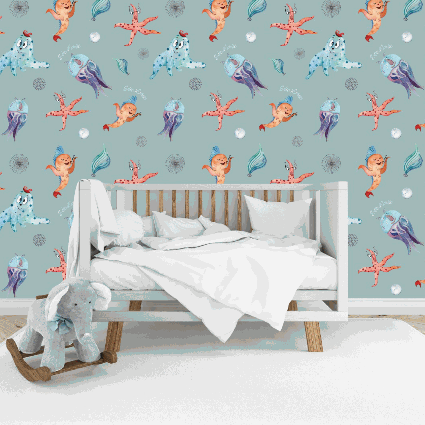 Room Idea Kids Funny Wallpaper - Under the Sea, Funny Fish, Starfish, Jellyfish Sea Creatures, Octopus, Sea Pearls Exciting Wallpaper for Kids Bedrooms Kids Play areas Made UK sea green  grey background colour  