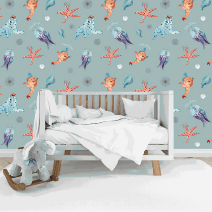 Room Idea Kids Funny Wallpaper - Under the Sea, Funny Fish, Starfish, Jellyfish Sea Creatures, Octopus, Sea Pearls Exciting Wallpaper for Kids Bedrooms Kids Play areas Made UK sea green  grey background colour  