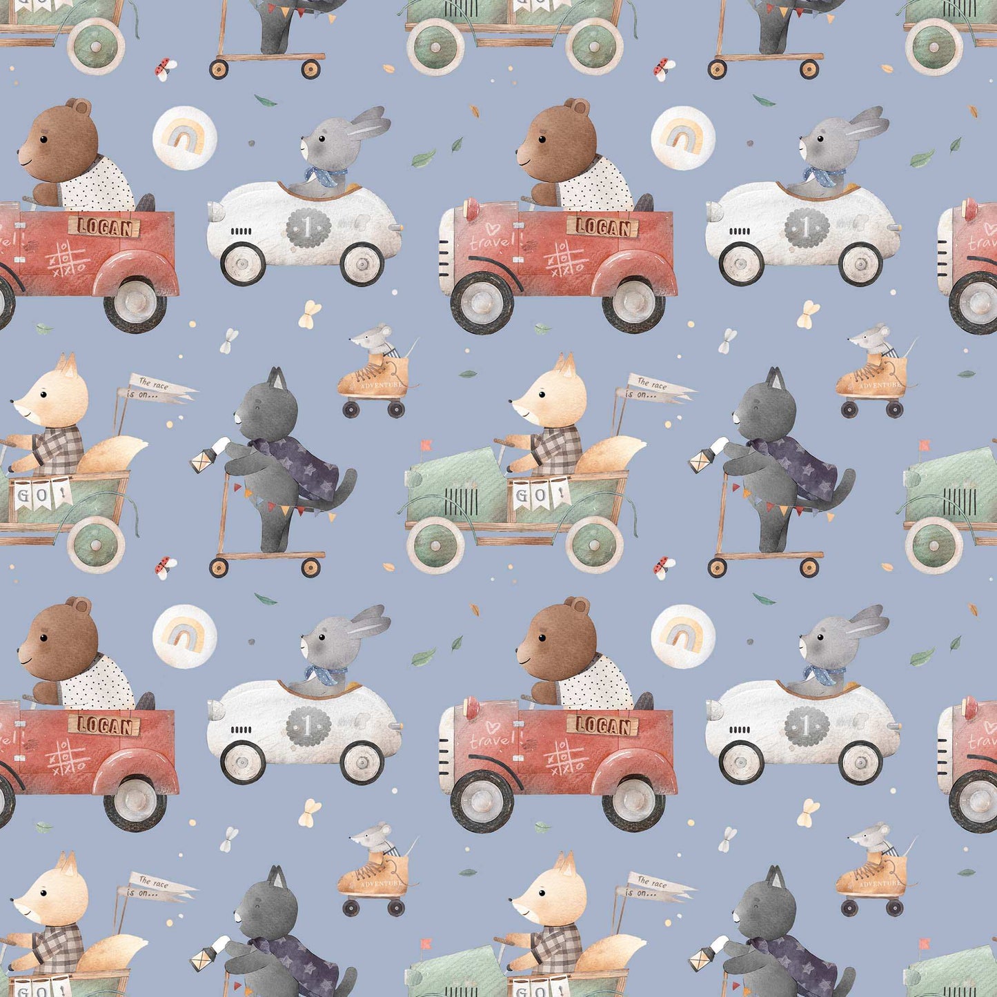 Bedroom Wallpaper for Kids Animals Bears Racing Cars Bunnies and Cats. Main background colour blue 