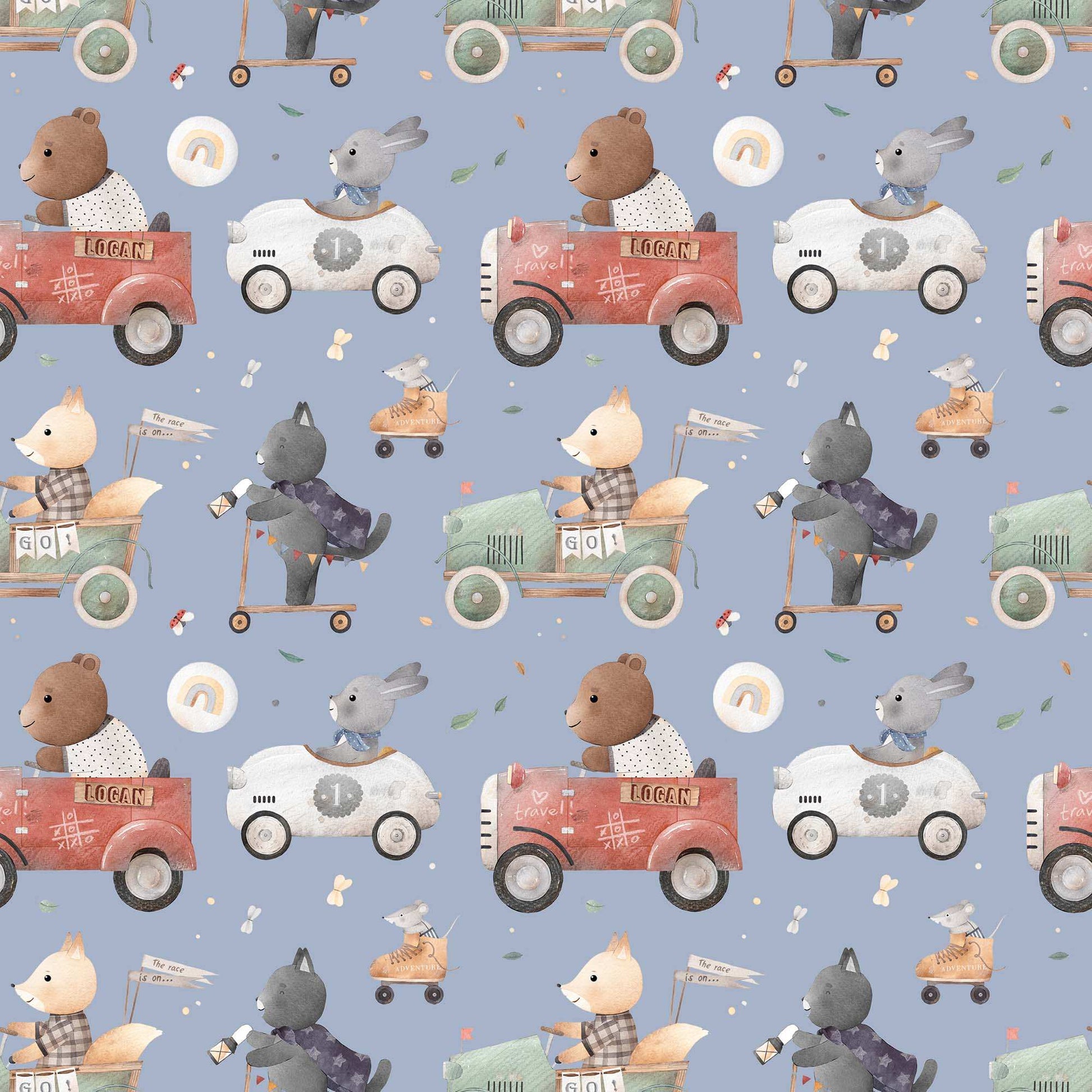 Bedroom Wallpaper for Kids Animals Bears Racing Cars Bunnies and Cats. Main background colour blue 