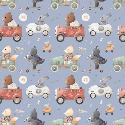 Bedroom Wallpaper for Kids Animals Bears Racing Cars Bunnies and Cats. Main background colour blue 