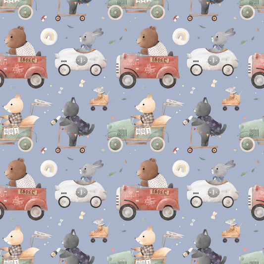 Bedroom Wallpaper for Kids Animals Bears Racing Cars Bunnies and Cats. Main background colour blue 
