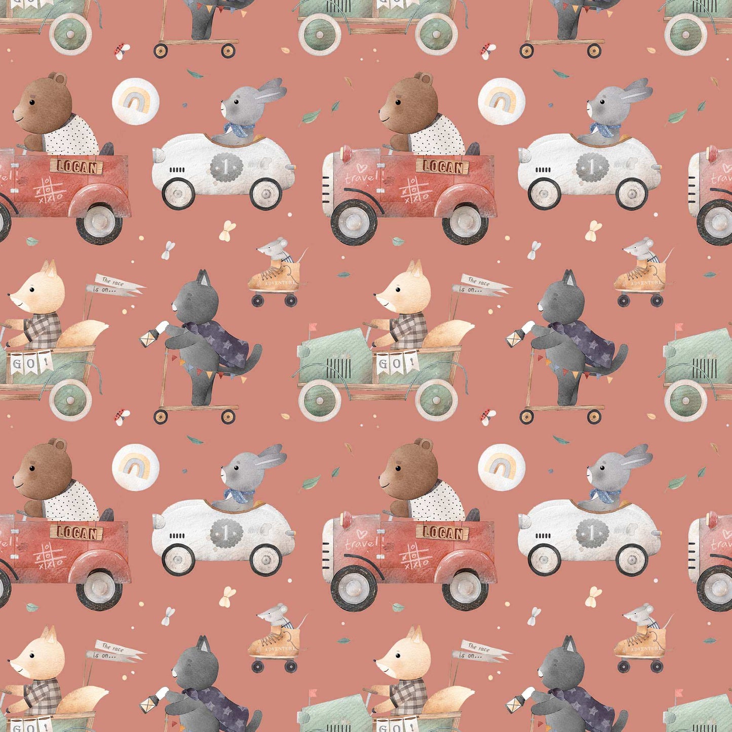 Bedroom Wallpaper for Kids Animals Bears Racing Cars Bunnies and Cats. Main background colour muted  mid red 