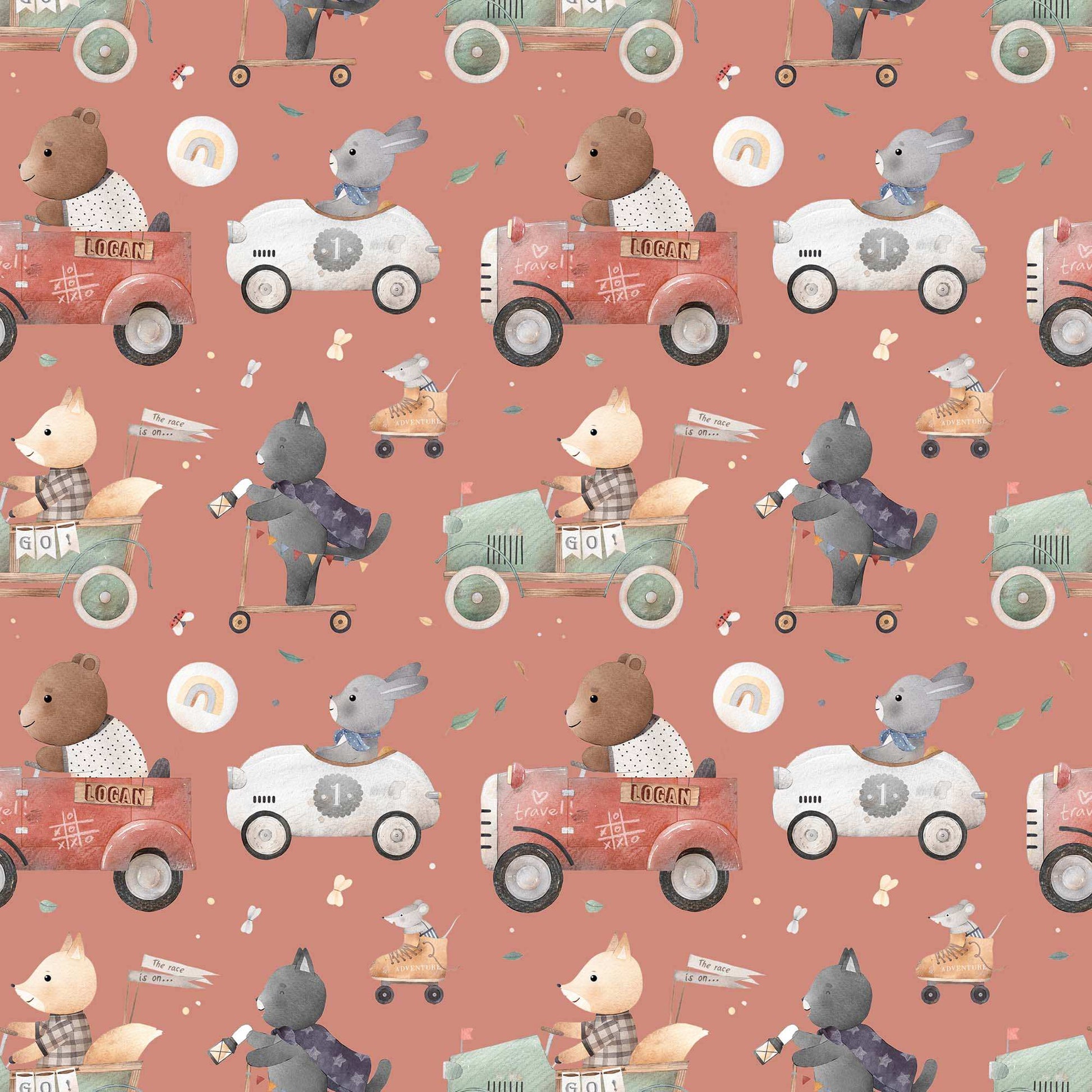 Bedroom Wallpaper for Kids Animals Bears Racing Cars Bunnies and Cats. Main background colour muted  mid red 
