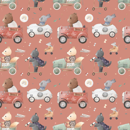 Bedroom Wallpaper for Kids Animals Bears Racing Cars Bunnies and Cats. Main background colour muted  mid red 