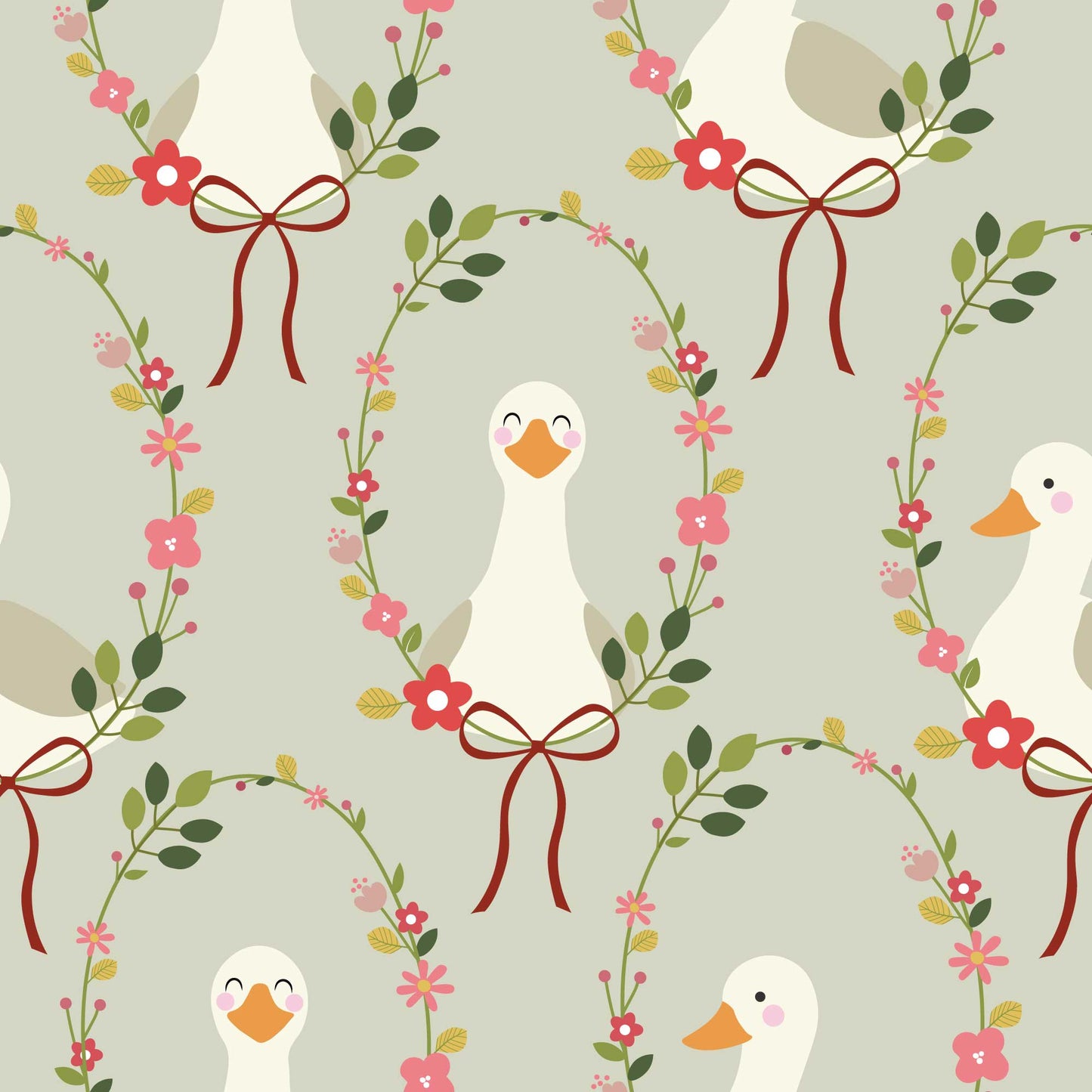  Babies Nursery Wallpaper in pale green  featuring cute, happy ducks adorned with a halo of colorful flowers and a charming ribbon bow. 