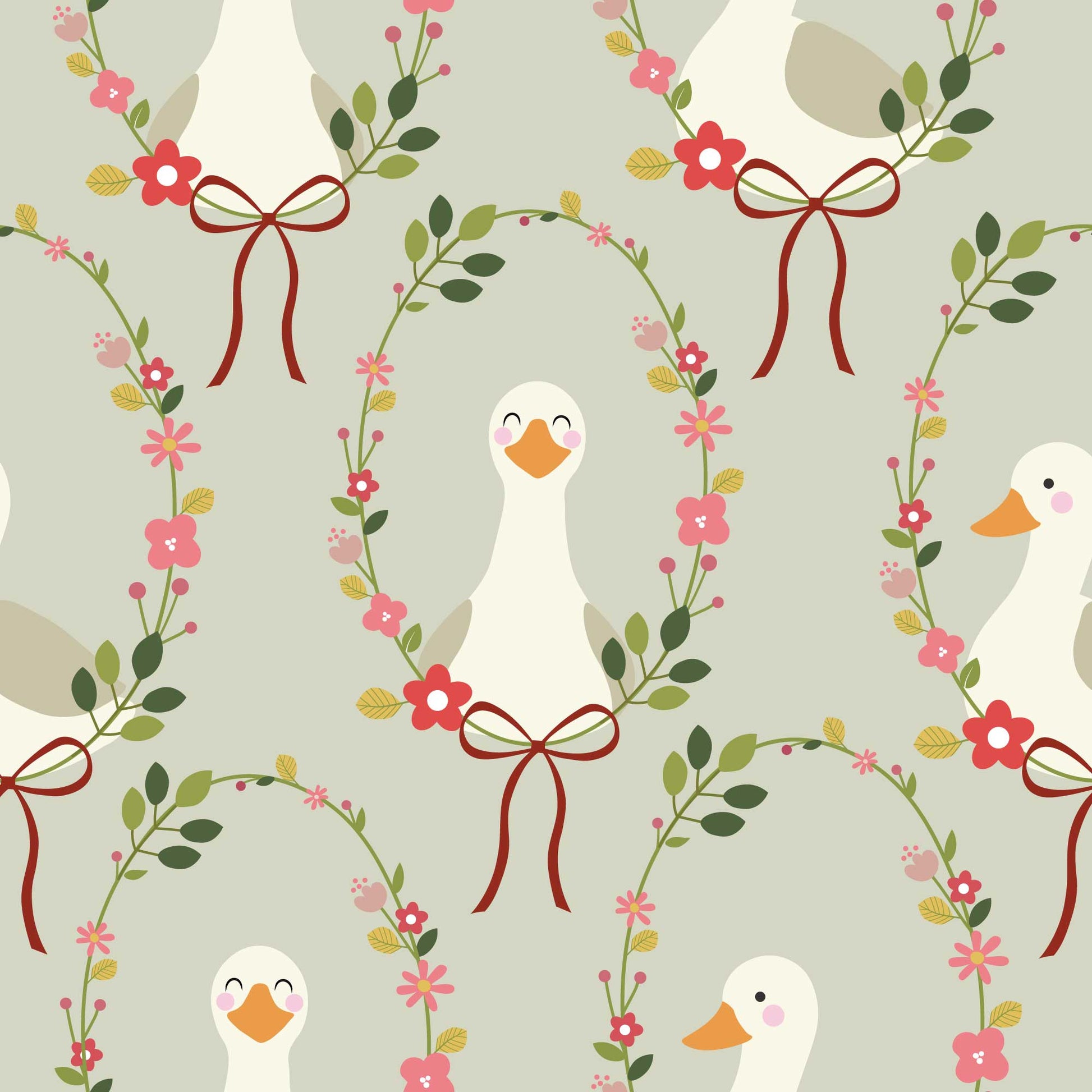  Babies Nursery Wallpaper in pale green  featuring cute, happy ducks adorned with a halo of colorful flowers and a charming ribbon bow. 
