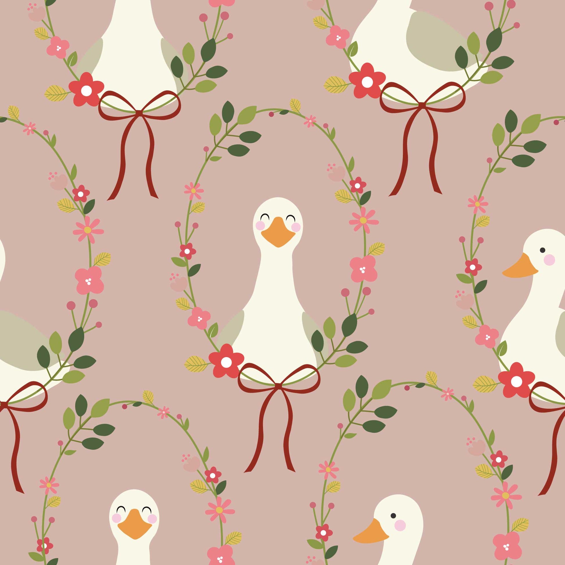 Babies Nursery Wallpaper in dusky pink featuring cute, happy ducks adorned with a halo of colorful flowers and a charming ribbon bow. 