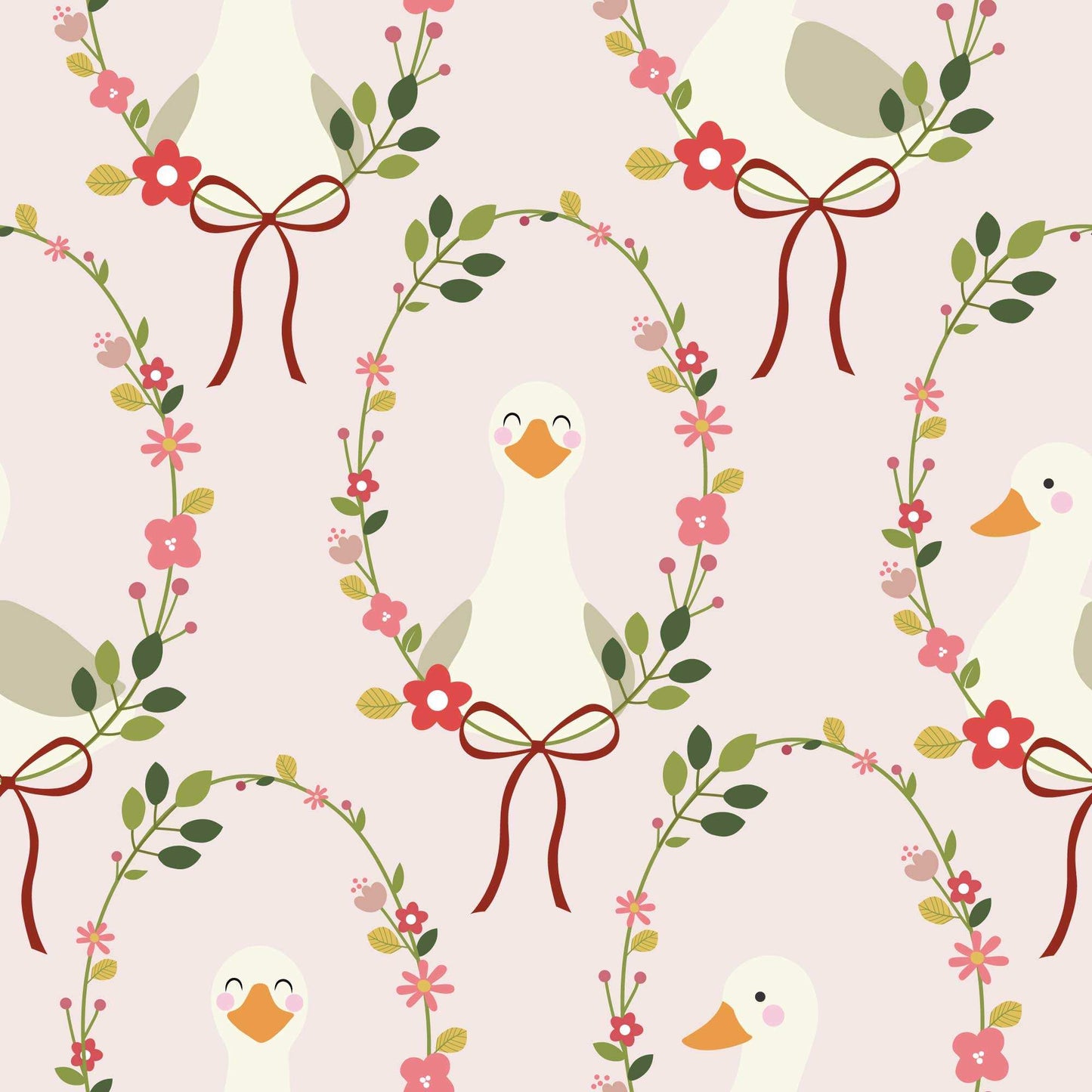 Babies Nursery Wallpaper in pale pink featuring cute, happy ducks adorned with a halo of colorful flowers and a charming ribbon bow. 