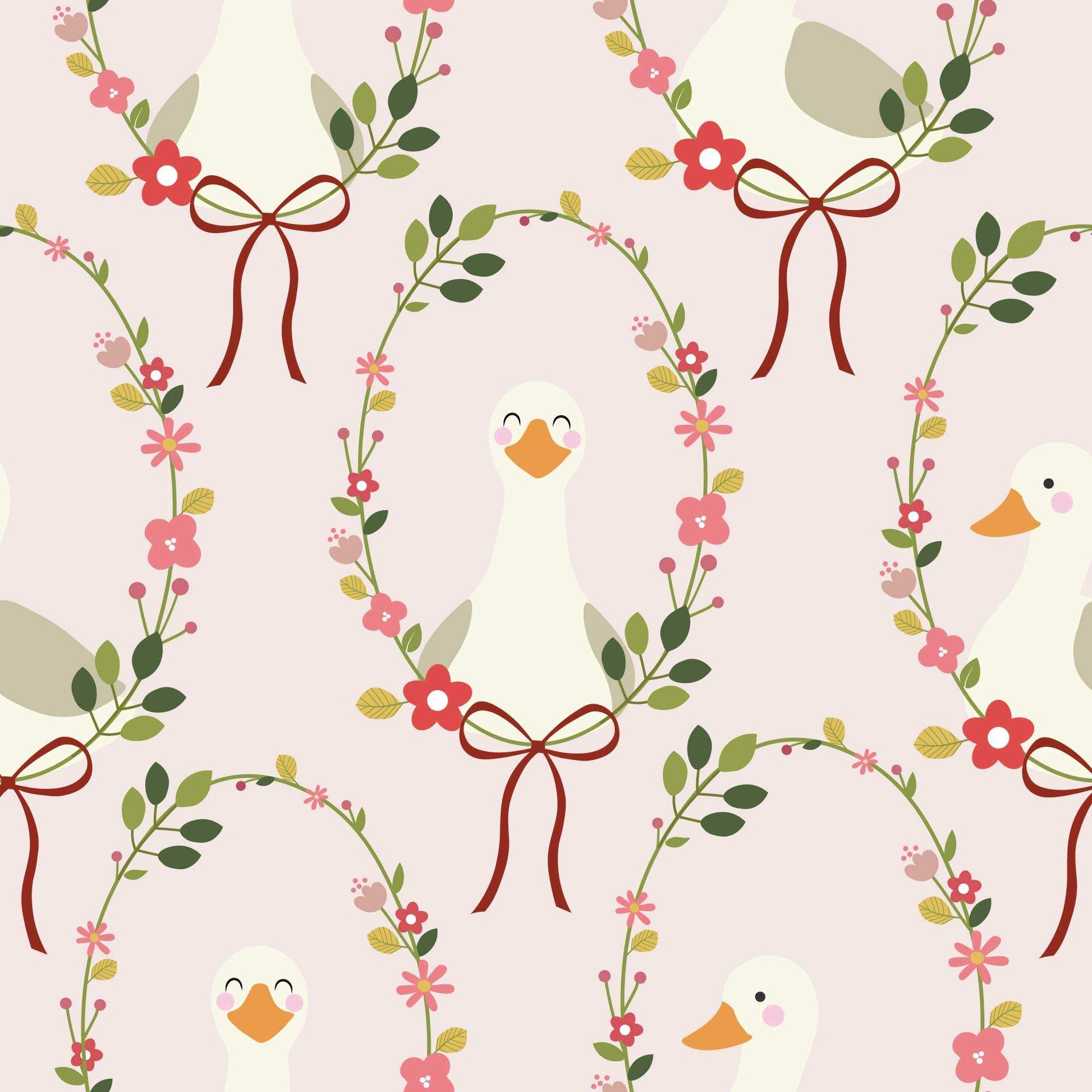Babies Nursery Wallpaper in pale pink featuring cute, happy ducks adorned with a halo of colorful flowers and a charming ribbon bow. 