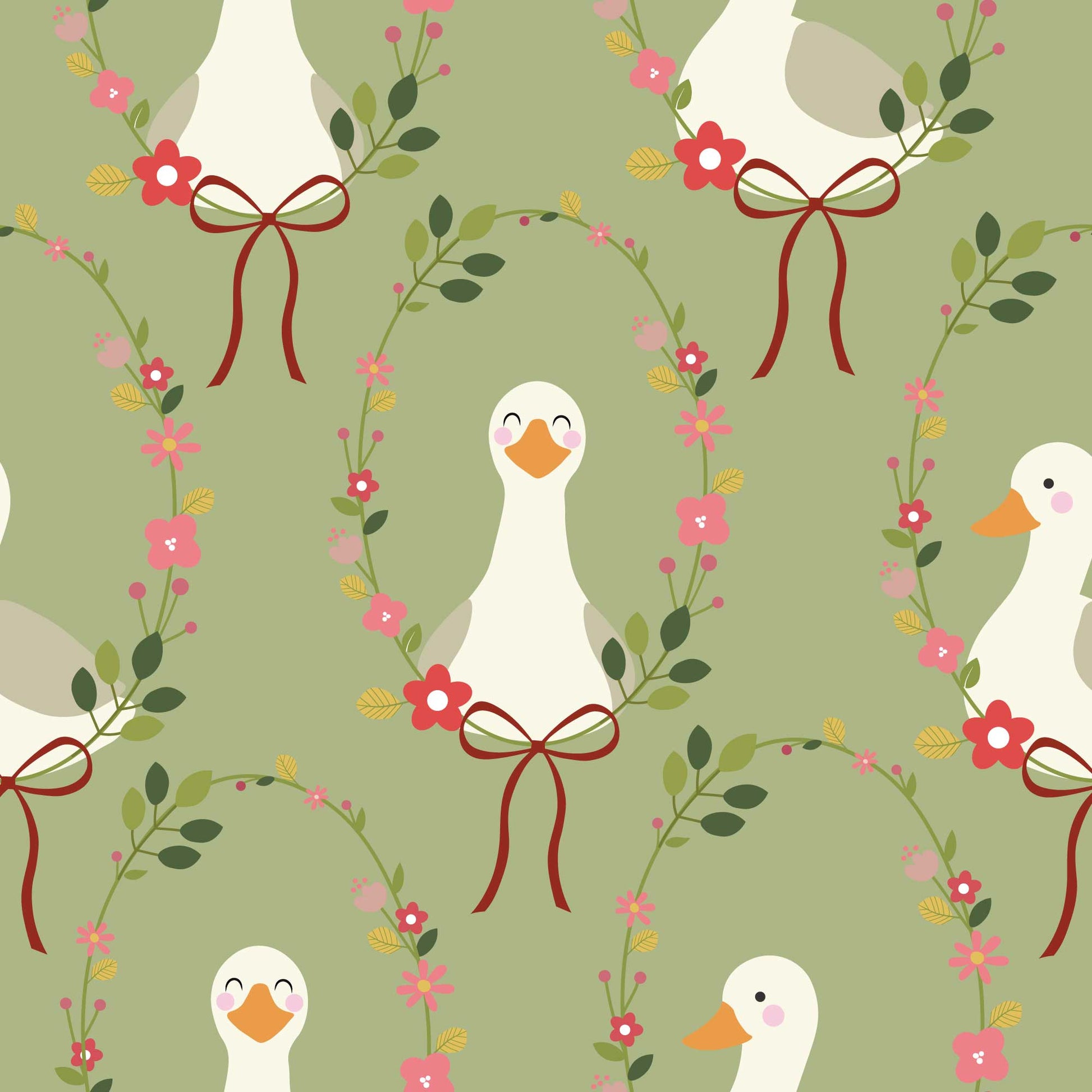 Babies Nursery Wallpaper in apple green featuring cute, happy ducks adorned with a halo of colorful flowers and a charming ribbon bow. 