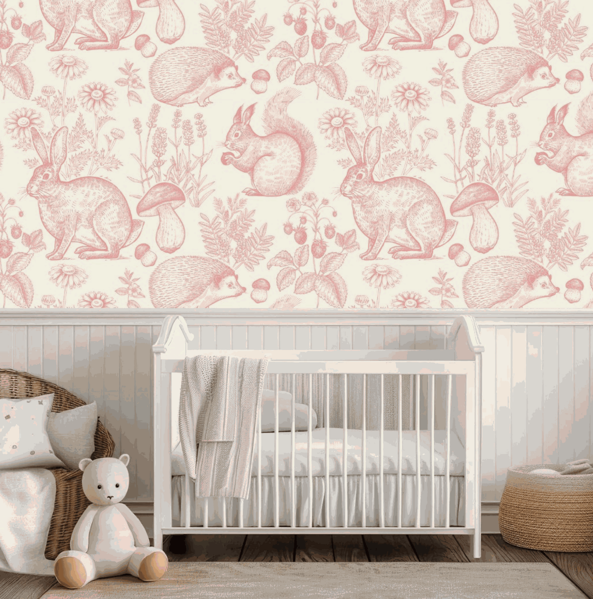 Idea for Bedroom Wallpaper for Children toddlers featuring rabbits, hedgehogs and  toadstools