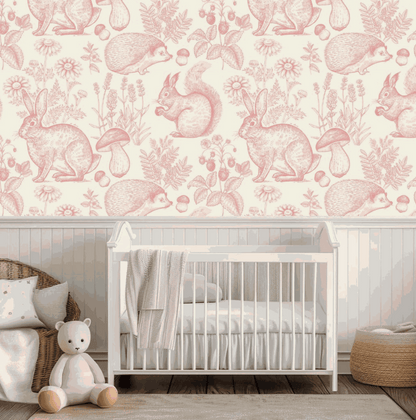Idea for Bedroom Wallpaper for Children toddlers featuring rabbits, hedgehogs and  toadstools
