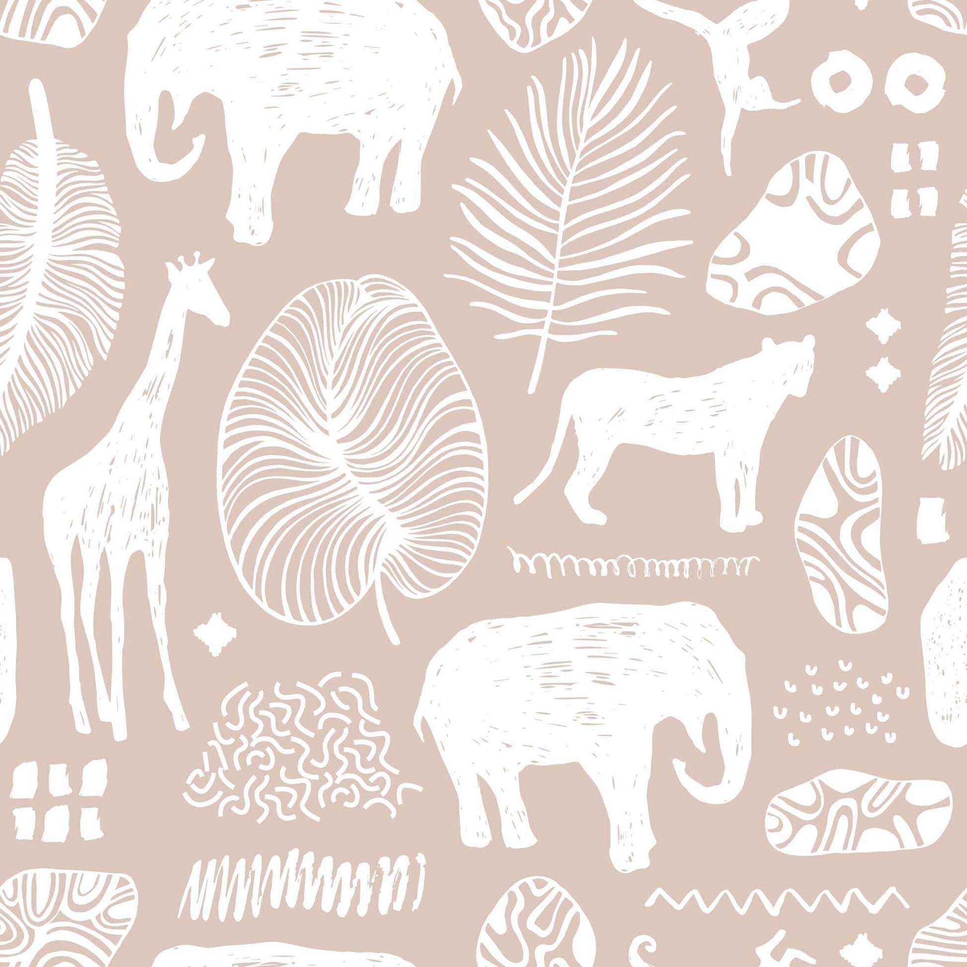 Beige Safari Jungle Childrens Wallpaper with animals lions elephants giraffes leaves