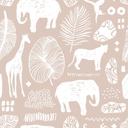 Beige Safari Jungle Childrens Wallpaper with animals lions elephants giraffes leaves