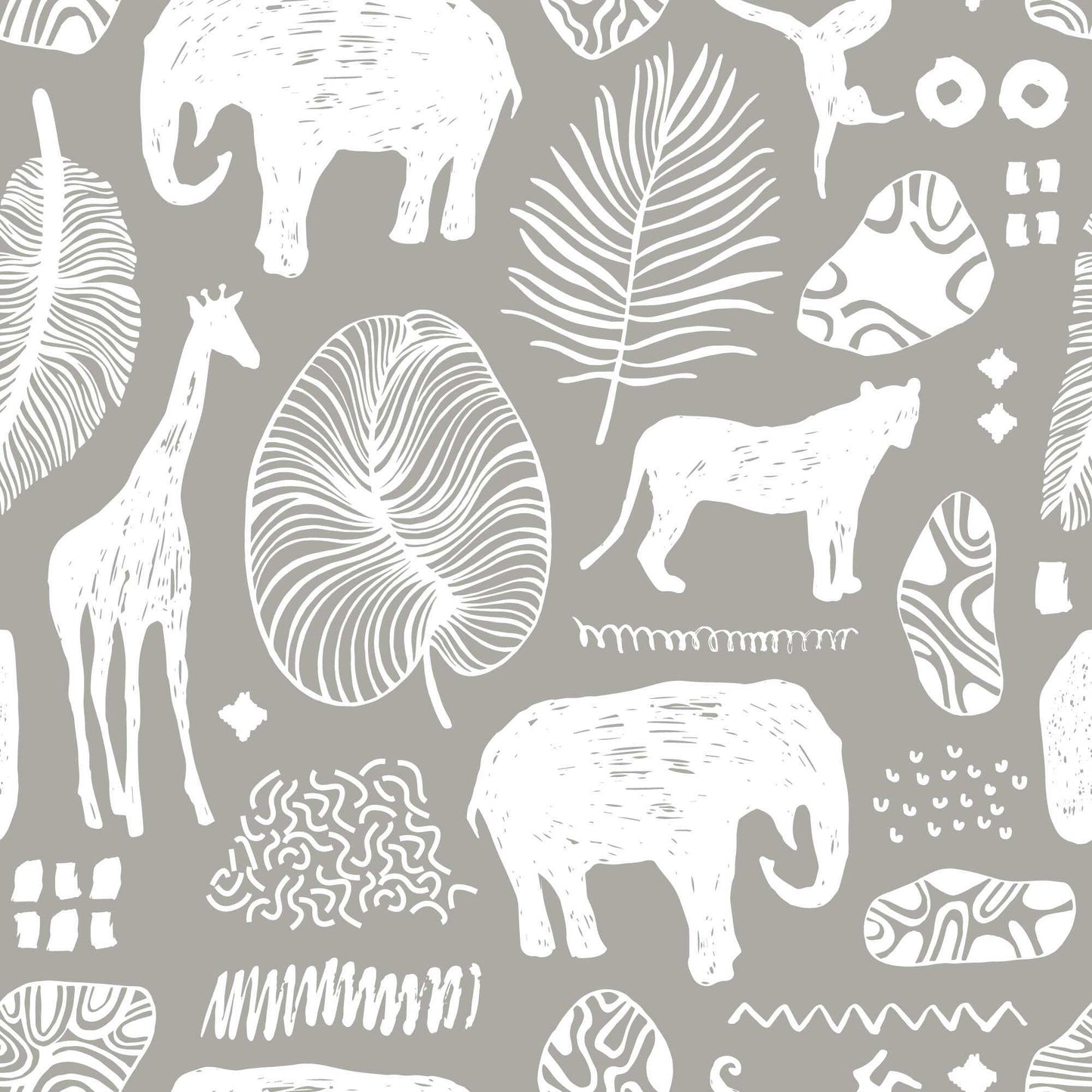 Grey Safari Jungle Childrens Wallpaper with animals lions elephants giraffes leaves