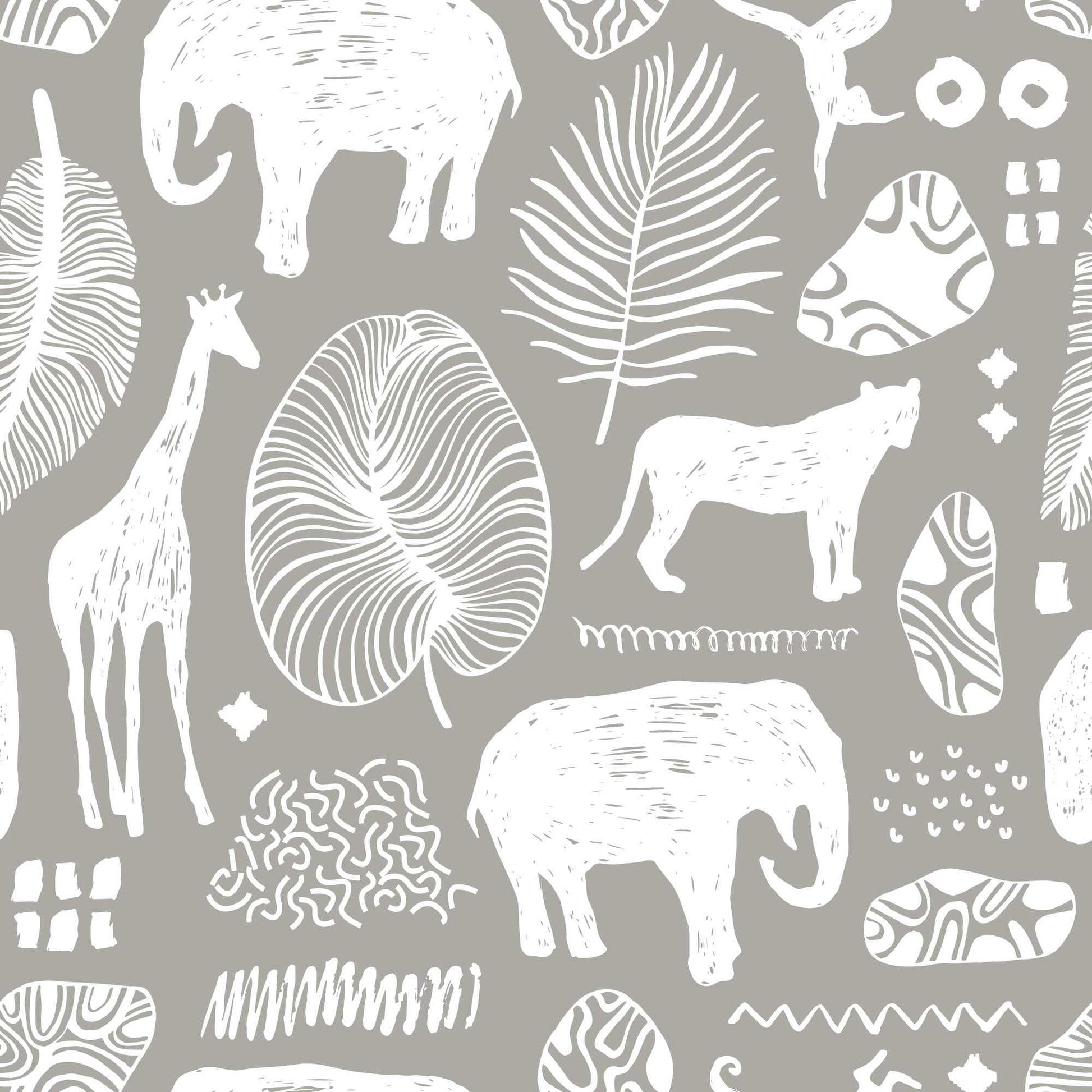 Grey Safari Jungle Childrens Wallpaper with animals lions elephants giraffes leaves