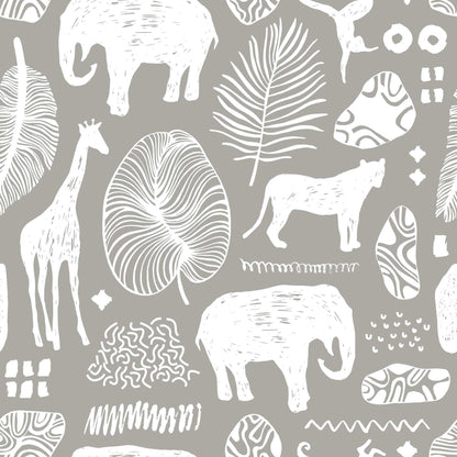 Grey Safari Jungle Childrens Wallpaper with animals lions elephants giraffes leaves