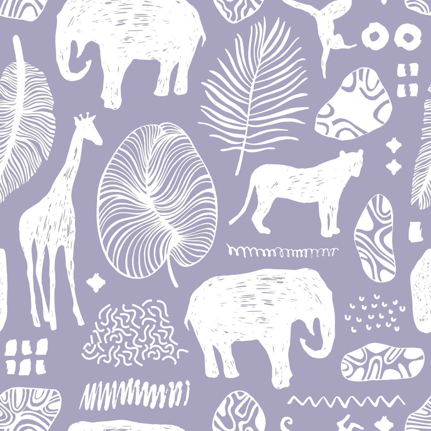 Purple Lilac Safari Jungle Childrens Wallpaper with animals lions elephants giraffes leaves