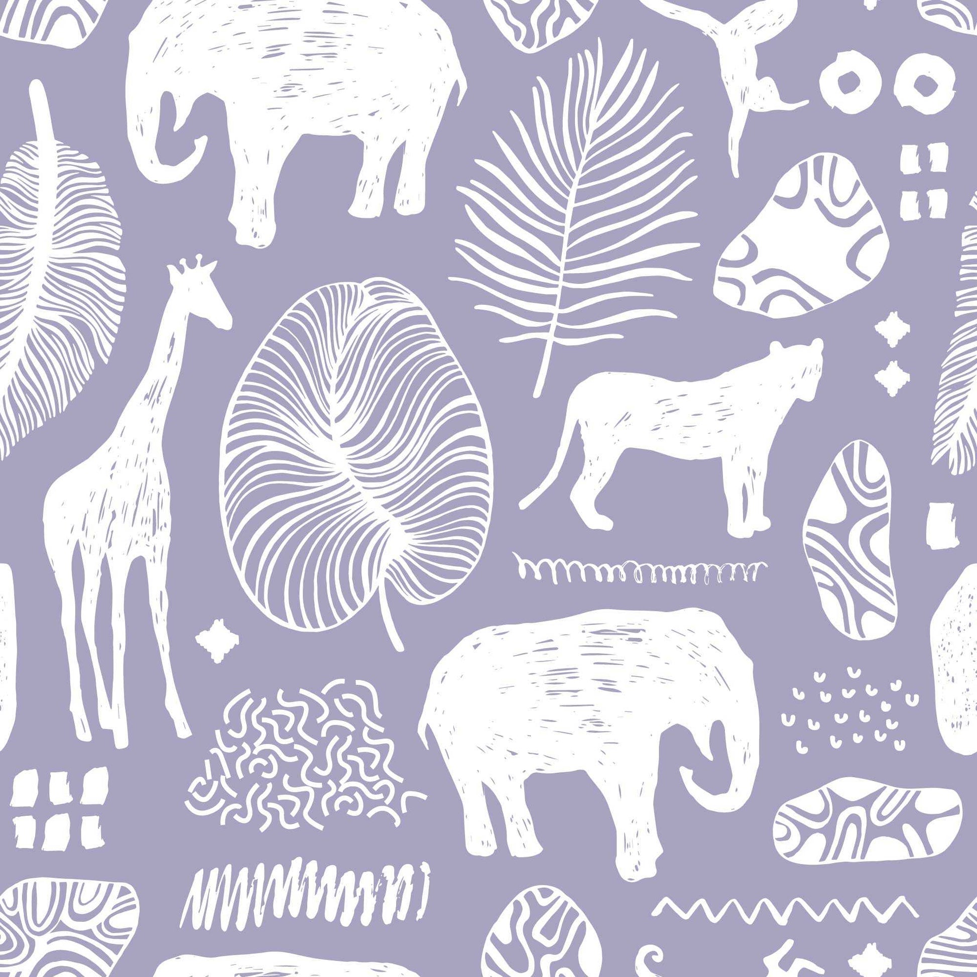 Purple Lilac Safari Jungle Childrens Wallpaper with animals lions elephants giraffes leaves