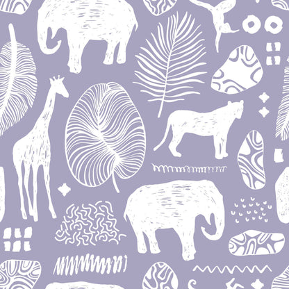 Purple Lilac Safari Jungle Childrens Wallpaper with animals lions elephants giraffes leaves