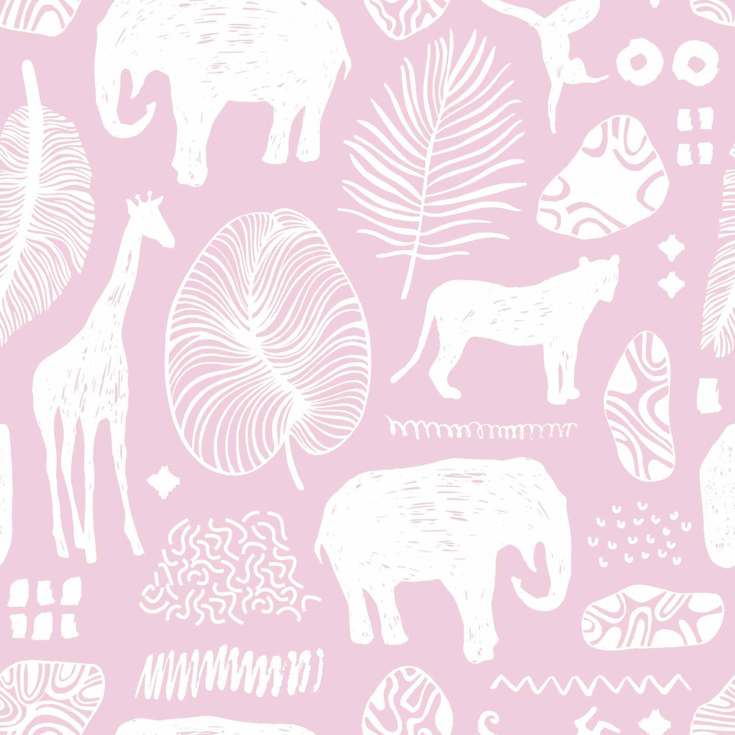 Pink Safari Jungle Childrens Wallpaper with animals lions elephants giraffes leaves