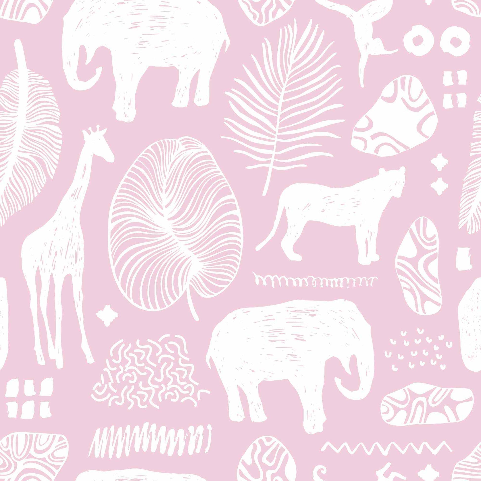 Pink Safari Jungle Childrens Wallpaper with animals lions elephants giraffes leaves