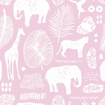 Pink Safari Jungle Childrens Wallpaper with animals lions elephants giraffes leaves