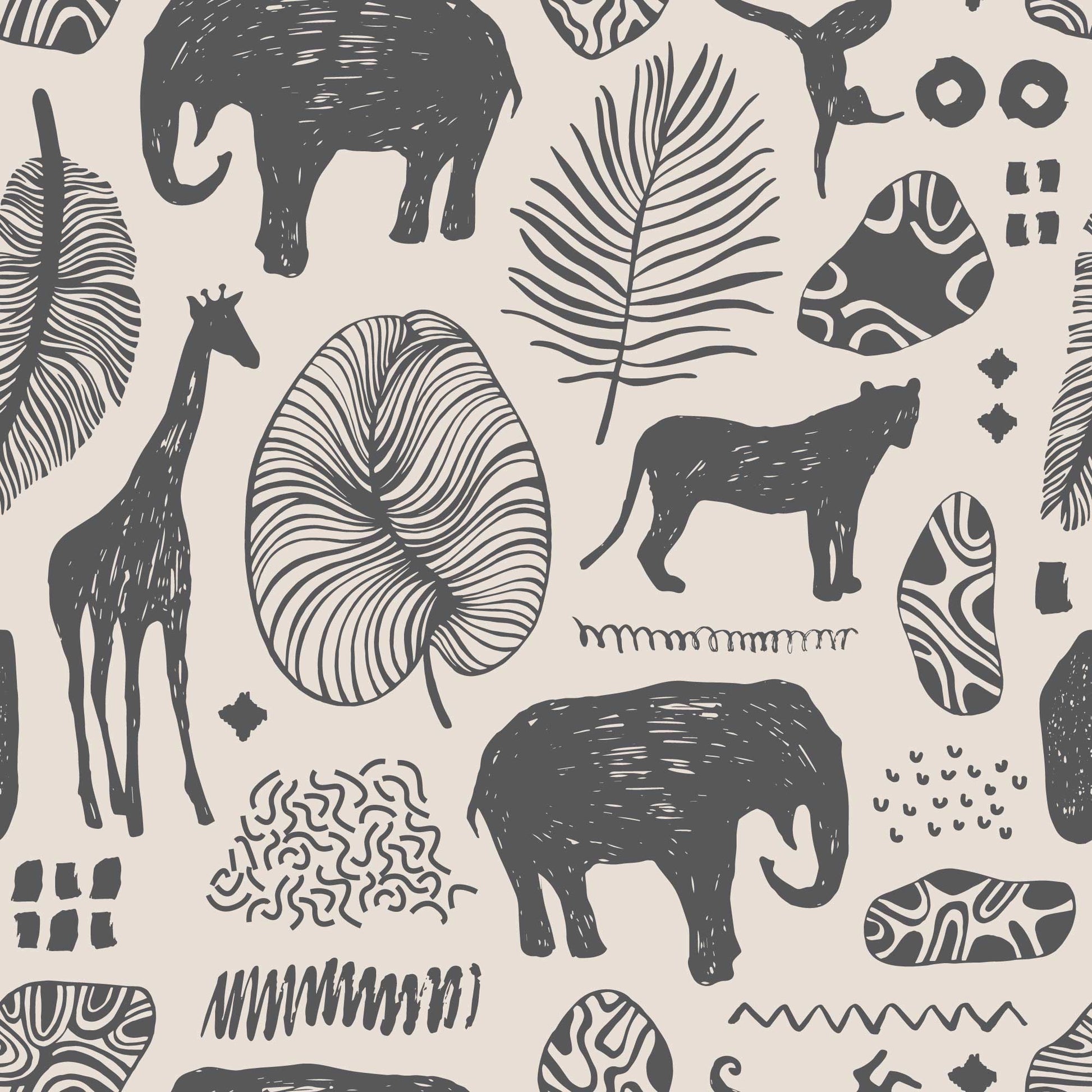 Black and Grey Safari Jungle Childrens Wallpaper with animals lions elephants giraffes leaves