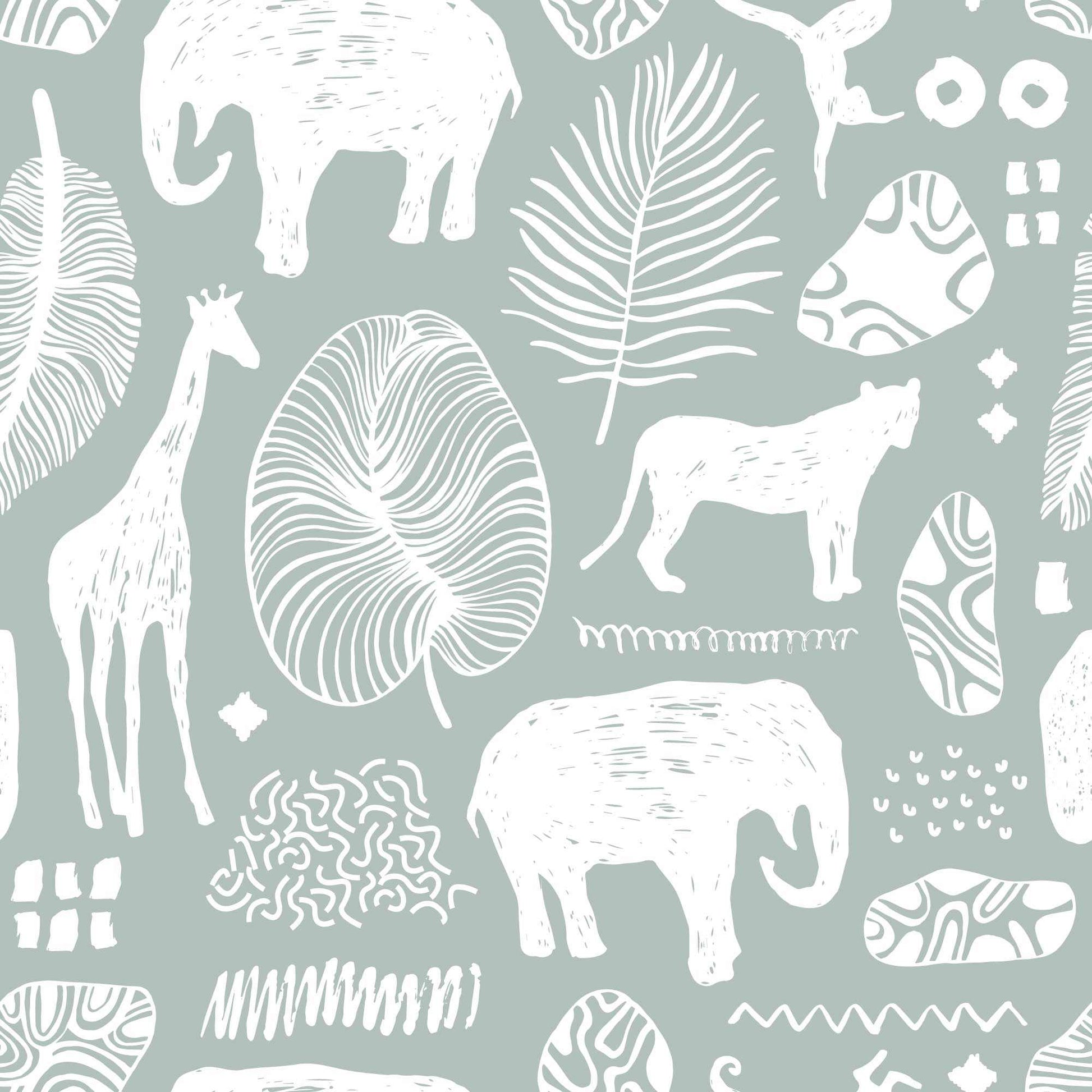 Green Grey Safari Jungle Childrens Wallpaper with animals lions elephants giraffes leaves