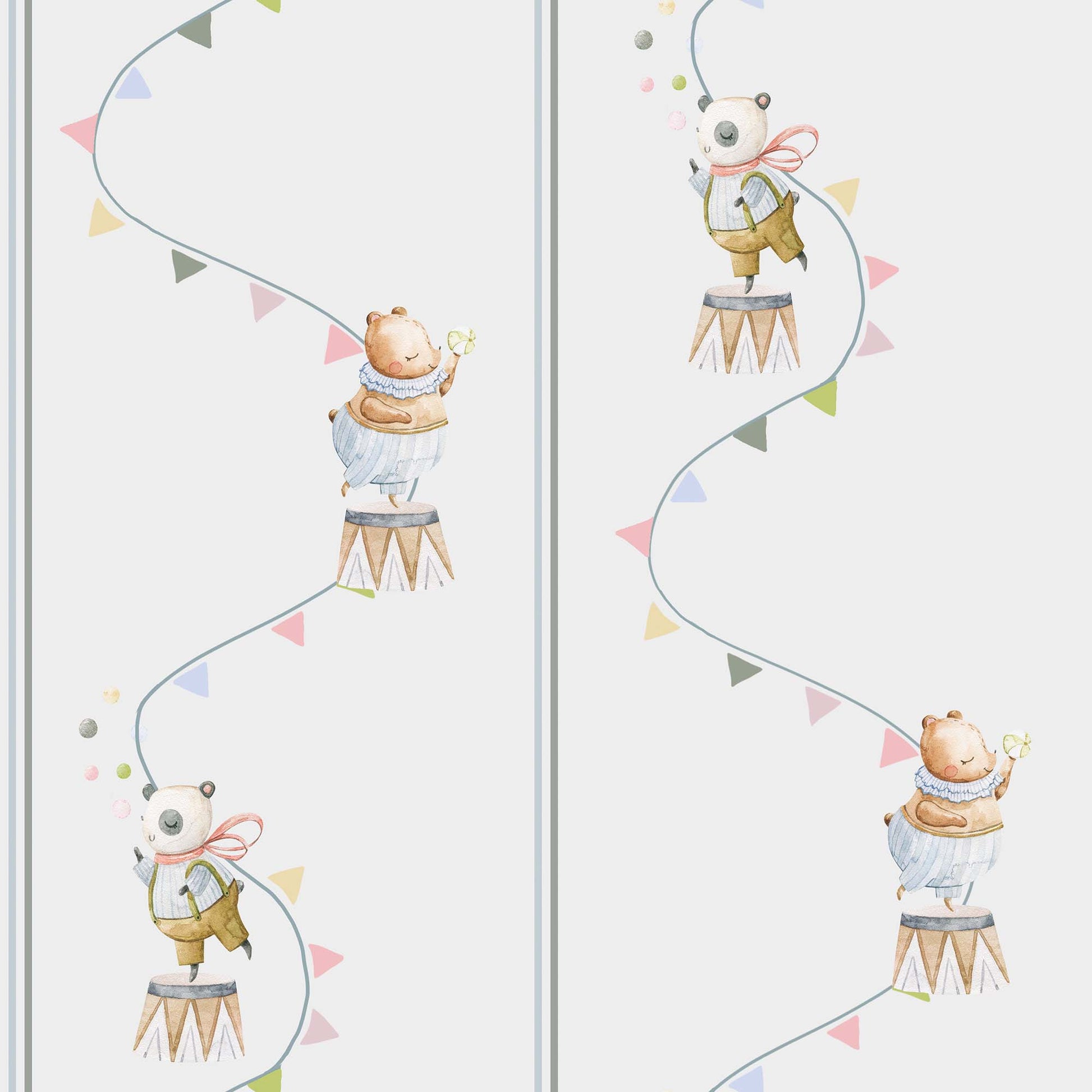 Nursery Wallpaper Bears Cute Pandas, Flying Flags, Balls in Pastelspale grey 