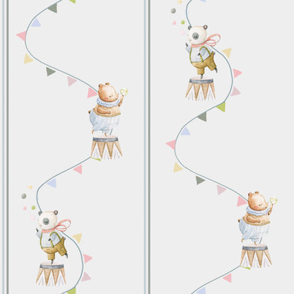 Nursery Wallpaper Bears Cute Pandas, Flying Flags, Balls in Pastelspale grey 