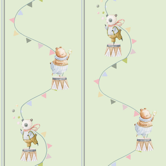 Nursery Wallpaper Bears Cute Pandas, Flying Flags, Balls in Pastels pale green 