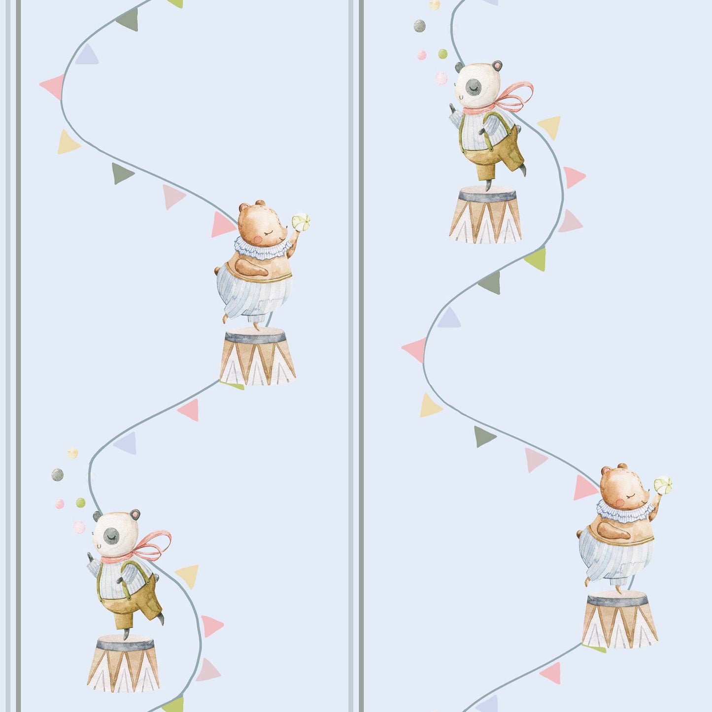 Nursery Wallpaper Bears Cute Pandas, Flying Flags, Balls in Pastels pale blue 