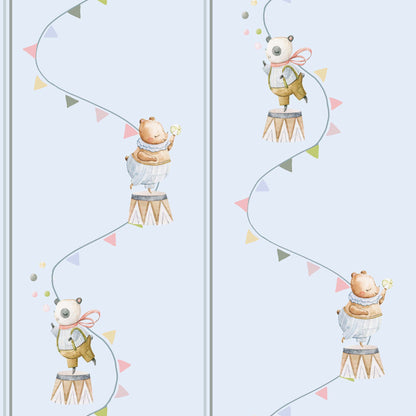 Nursery Wallpaper Bears Cute Pandas, Flying Flags, Balls in Pastels pale blue 