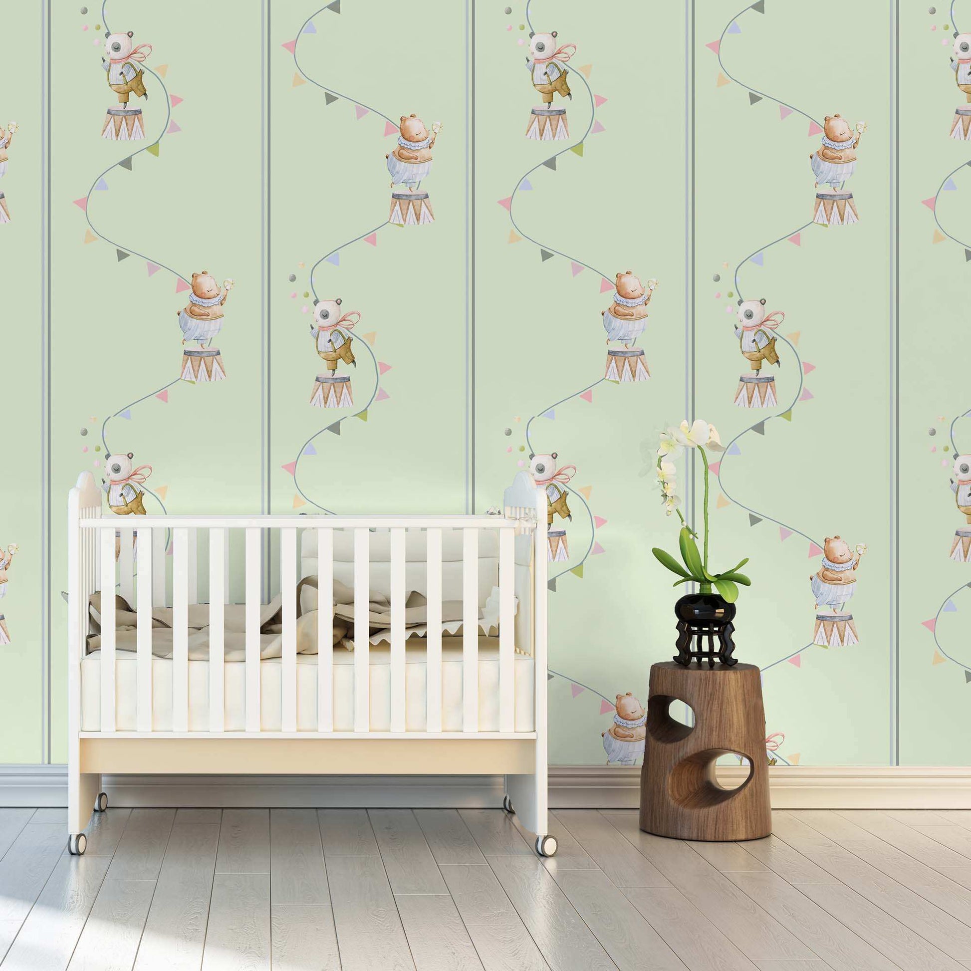Nursery Wallpaper Bears Cute Pandas, Flying Flags, Balls in Pastels pale green Show Room